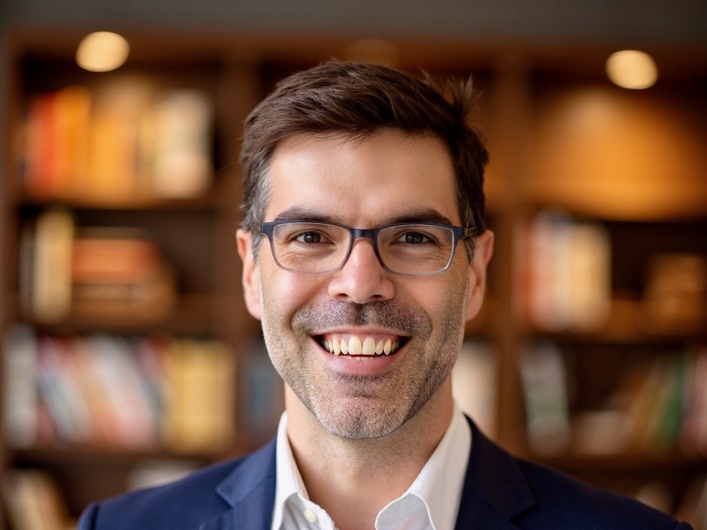 Matthew Westerbeck smiling, in glasses and a navy blazer