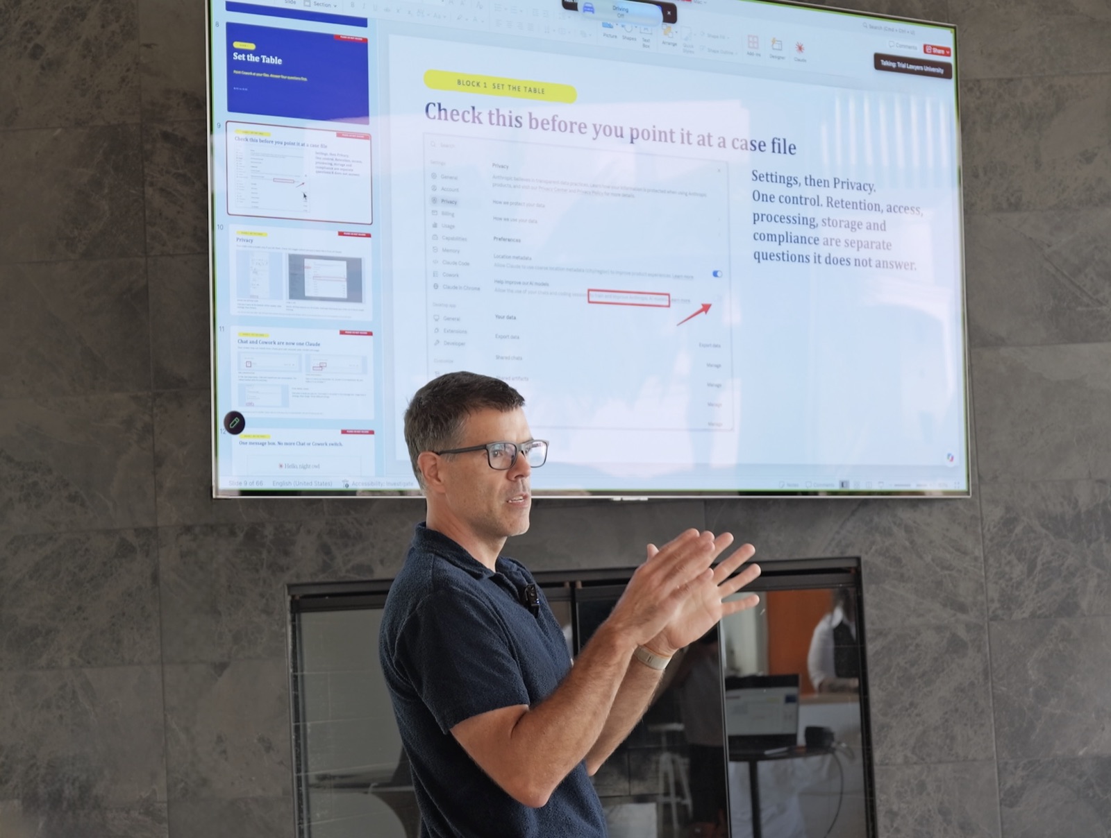 Matthew Westerbeck teaching in front of a screen during a Claude workshop